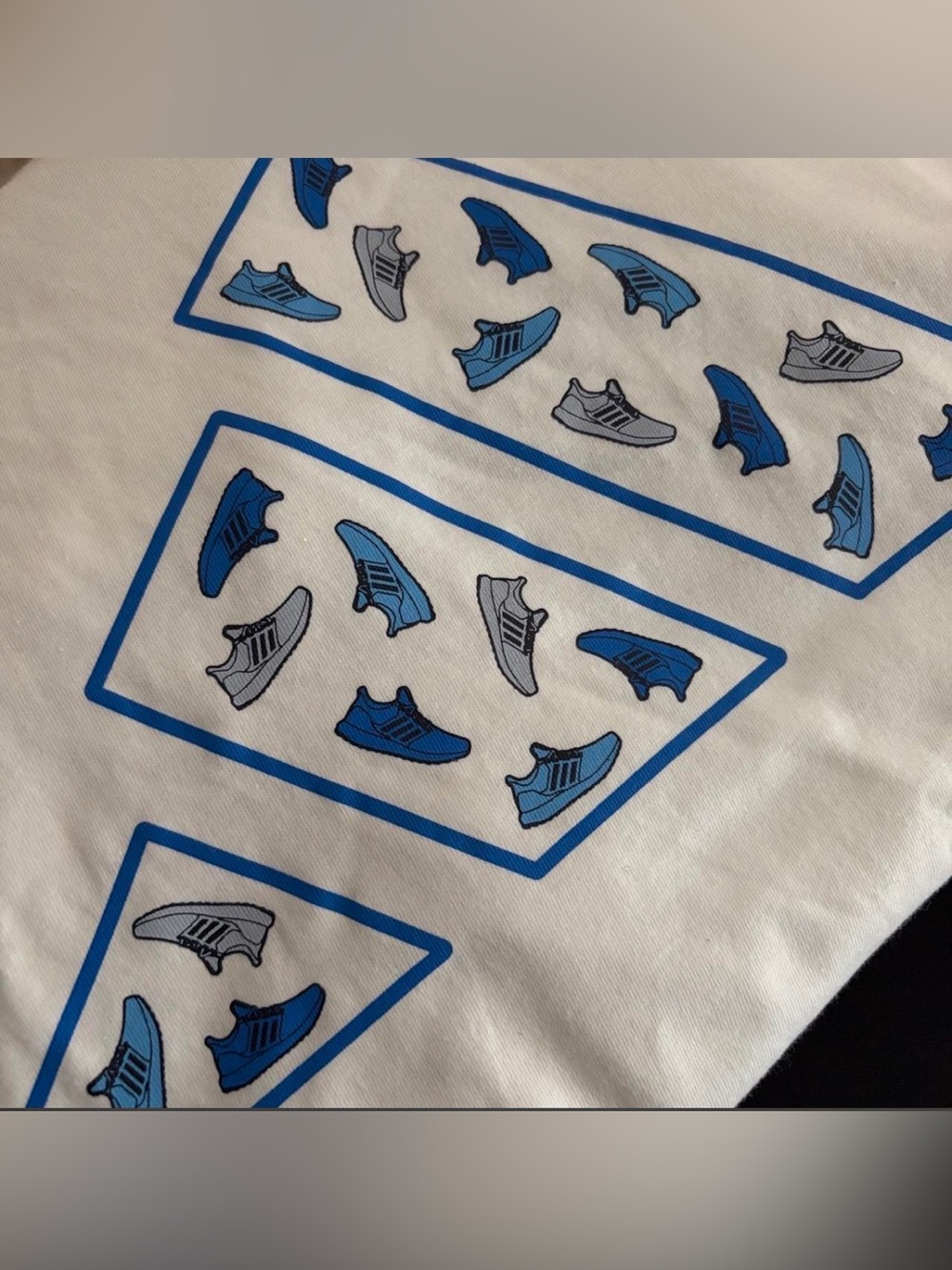 adidas White Tee with Blue and Gray Sneaker Graphic